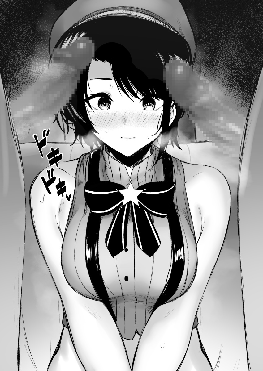 1girl 2boys absurdres armpit_crease bangs beret blush bow breasts breasts_squeezed_together censored closed_mouth commentary cropped_shirt erection greyscale hat heartbeat hetero highres hololive jury9016 large_breasts looking_down monochrome mosaic_censoring multiple_boys nervous oozora_subaru paid_reward_available parted_bangs penis shirt short_hair sleeveless sleeveless_shirt solo_focus sound_effects steaming_body striped striped_shirt suspenders sweat swept_bangs upper_body vertical-striped_shirt vertical_stripes virtual_youtuber