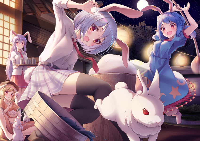 4girls absurdres animal animal_ears black_thighhighs blonde_hair blue_dress blue_hair blush brown_headwear cabbie_hat closed_mouth collared_shirt cup dress earclip eating floppy_ears food full_moon hat highres holding holding_tray kine light_purple_hair long_hair mallet messiah_&amp;_crea mochi moon multiple_girls necktie open_mouth pleated_skirt puffy_short_sleeves puffy_sleeves rabbit rabbit_ears rabbit_tail red_eyes red_necktie red_skirt reisen_(touhou_bougetsushou) reisen_udongein_inaba ringo_(touhou) seiran_(touhou) shirt short_hair short_sleeves skirt smile tail thighhighs touhou tray white_shirt white_skirt