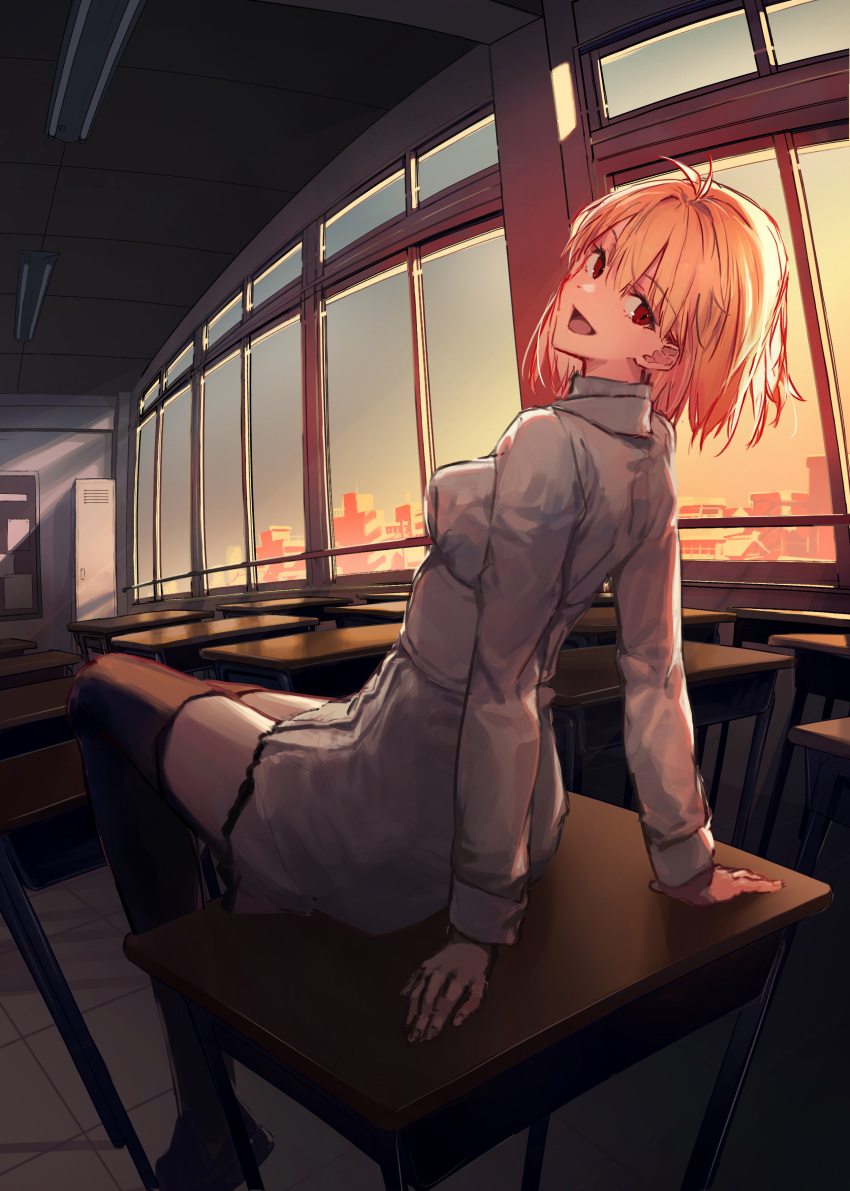 1girl absurdres ahoge alternate_costume arcueid_brunestud blonde_hair classroom commentary_request desk fluorescent_lamp highres indoors iotsuki locker on_desk red_eyes school_desk shirt short_hair sitting sitting_on_desk smile solo sunset thighhighs thighs tsukihime type-moon white_shirt zettai_ryouiki