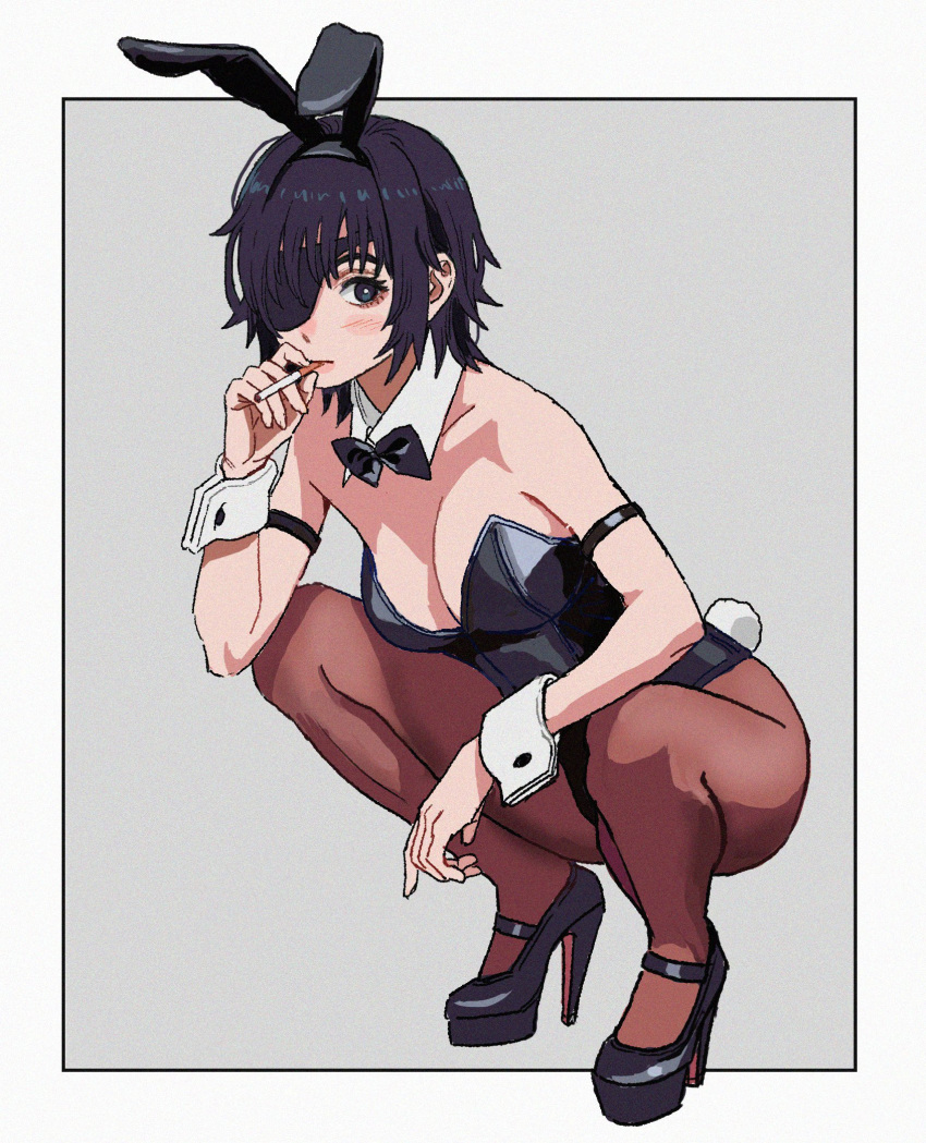 1girl animal_ears bangs bare_shoulders black_hair black_leotard blush bow bowtie breasts chainsaw_man cigarette commentary_request detached_collar eyepatch fake_animal_ears fake_tail full_body high_heels highres himeno_(chainsaw_man) legs leotard looking_at_viewer medium_breasts pantyhose playboy_bunny rabbit_ears rabbit_tail shiren_(ourboy83) short_hair solo squatting strapless strapless_leotard tail wrist_cuffs