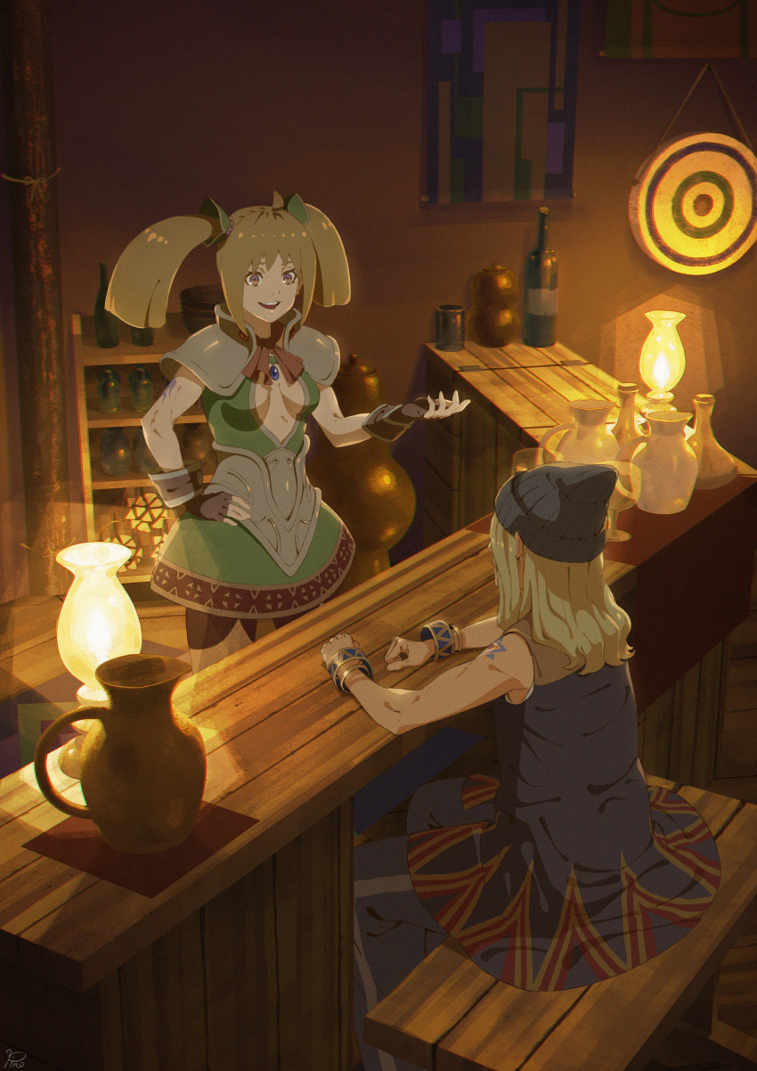 1boy 1girl absurdres armor bangle bartender beanie black_headwear blonde_hair bracelet breasts brown_eyes chrono_cross cleavage cleavage_cutout clothing_cutout cowboy_shot doc_(chrono_cross) dress fingerless_gloves gloves green_dress hair_ornament hand_on_hip hat highres indoors jewelry lantern long_hair looking_at_another medium_breasts neck_ribbon orlha_(chrono_cross) pinoj0214 plunging_neckline ribbon shoulder_armor sidelocks sitting sleeveless sleeveless_jacket twintails