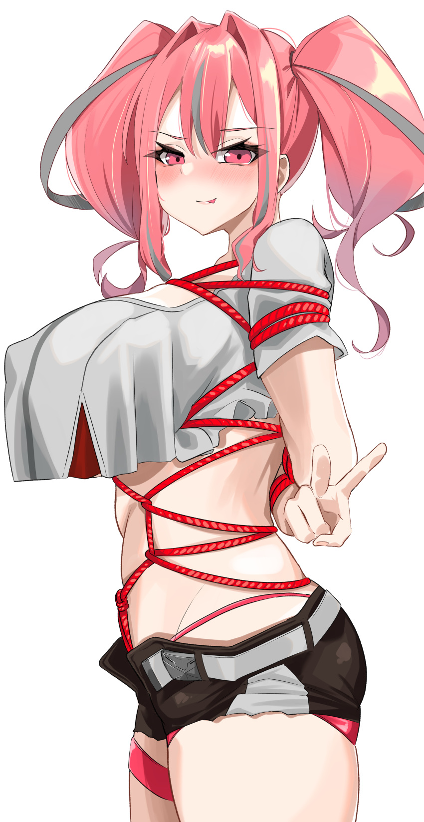 1girl :p absurdres arms_behind_back azur_lane bangs bdsm belt bikini black_shorts blush bondage bound bound_arms breasts bremerton_(azur_lane) commentary_request covered_nipples cowboy_shot crop_top crop_top_overhang crotch_rope grey_belt grey_hair groin hair_between_eyes hair_intakes highleg highleg_bikini highres large_breasts long_hair looking_at_viewer midriff multicolored_hair no_mole nose_blush open_fly pink_bikini pink_eyes pink_hair red_rope rope seirein_(rikuesuto_teishichuu) shibari shibari_over_clothes shirt short_shorts short_sleeves shorts sidelocks simple_background skindentation smile solo standing streaked_hair swimsuit thigh_strap tongue tongue_out twintails two-tone_hair two-tone_shirt v white_background white_shirt