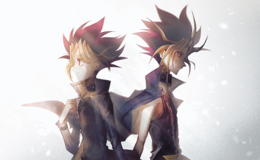 2boys atem back-to-back bangs bare_arms black_hair black_shirt blonde_hair blue_jacket chain closed_mouth dyed_bangs expressionless from_side highres jacket male_focus millennium_puzzle multicolored_hair multiple_boys mutou_yuugi open_clothes open_jacket ototoi_kuru profile shirt simple_background smile tears two-tone_hair upper_body white_background yu-gi-oh!