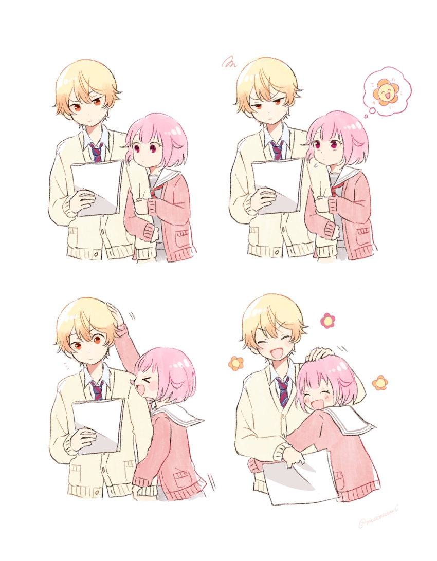 1boy 1girl arms_around_waist bangs blonde_hair cardigan closed_eyes closed_mouth collared_shirt diagonal-striped_necktie gradient_hair hair_between_eyes happy headpat height_difference hetero highres hug locked_arms long_sleeves momomo_(m0_3) multicolored_hair necktie ootori_emu open_mouth orange_eyes orange_hair pink_cardigan pink_hair pocket project_sekai shirt short_hair smile striped_necktie tenma_tsukasa thought_bubble yellow_cardigan