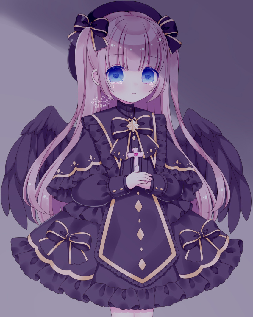 1girl beret black_bow black_capelet black_dress black_headwear black_wings blue_eyes blush bow brown_hair capelet closed_mouth commentary_request crying crying_with_eyes_open dress feathered_wings frilled_capelet frilled_dress frills grey_background hair_bow hat heart heart-shaped_pupils highres himetsuki_luna long_sleeves looking_at_viewer original own_hands_together puffy_long_sleeves puffy_sleeves sidelocks signature simple_background smile solo symbol-shaped_pupils tears two_side_up wings