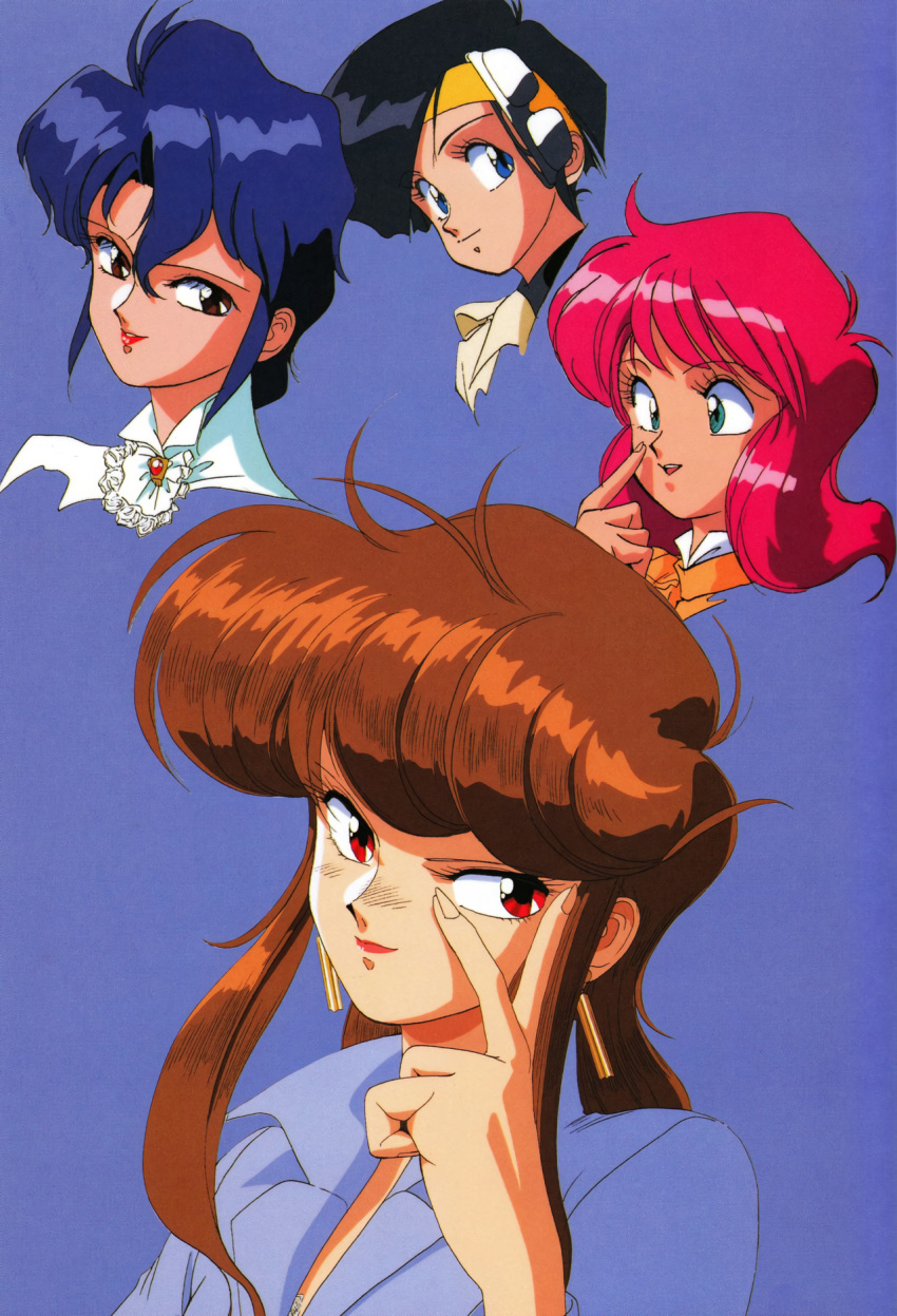 1980s_(style) 4girls aqua_eyes black_hair blue_background blue_eyes blue_hair brown_eyes brown_hair bubblegum_crisis earrings headgear highres jewelry linna_yamazaki lipstick long_hair looking_at_viewer makeup multiple_girls narrowed_eyes nene_romanova non-web_source official_art pink_hair priscilla_asagiri red_eyes red_lips retro_artstyle short_hair simple_background smile sonoda_ken'ichi sylia_stingray