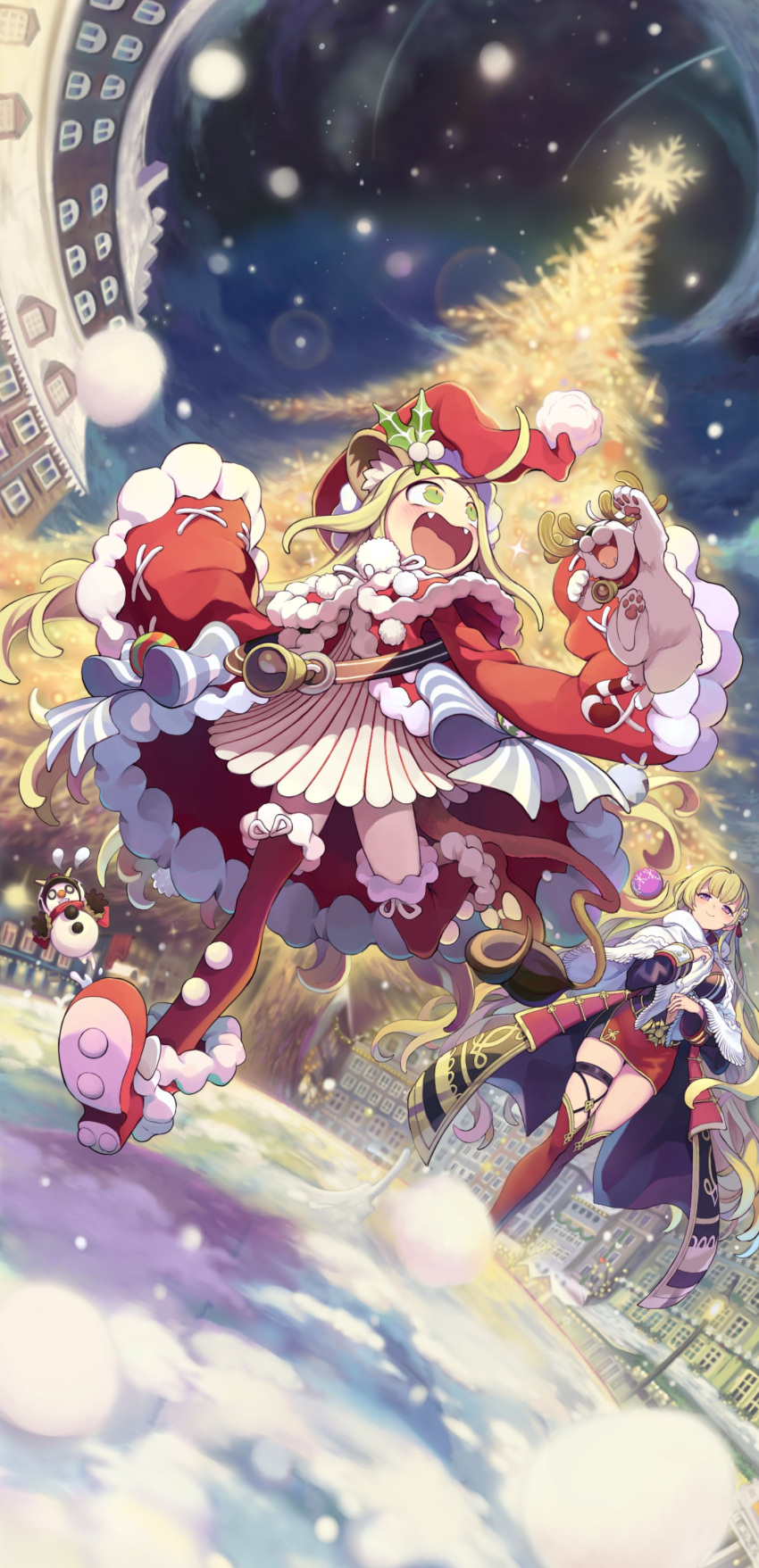 2girls absurdres ahoge animal animal_ears bell belt big_mouth blonde_hair blue_bow boots bow brave_sword_x_blaze_soul building capelet character_request christmas christmas_tree collar commentary_request constricted_pupils dress fake_antlers fangs fisheye from_below fur-trimmed_capelet fur-trimmed_jacket fur_trim green_eyes happy hat highres holly_hat_ornament jacket knee_boots lamppost lens_flare lion_ears lion_girl lion_tail lionheart_(brave_sword_x_blaze_soul) long_hair morino_hon multiple_girls neck_bell night night_sky open_mouth outdoors pom_pom_(clothes) purple_eyes red_capelet red_collar red_footwear red_jacket running santa_costume santa_hat skindentation sky sleeves_past_fingers sleeves_past_wrists smile snow snowman striped striped_bow tail very_long_hair white_bow wide_sleeves