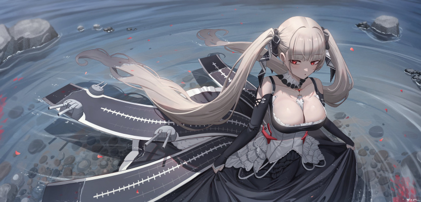 1girl absurdres azur_lane bangs bare_shoulders black_dress black_sleeves blush breasts cleavage collarbone commentary detached_sleeves dress flight_deck formidable_(azur_lane) from_above grey_hair hair_ornament hair_ribbon highres jeze large_breasts long_hair long_sleeves outdoors parted_lips red_eyes ribbon solo twintails very_long_hair water