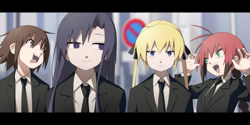 4girls black_hair blonde_hair blurry blurry_background braid braided_ponytail brown_hair chainsaw_man collared_shirt formal goshiki_agiri highres kick_back_(music_video) kill_me_baby letterboxed multiple_girls necktie open_mouth oribe_yasuna parody shirt smile sonya_(kill_me_baby) suit tongue tongue_out twintails unused_character white_shirt yachima_tana