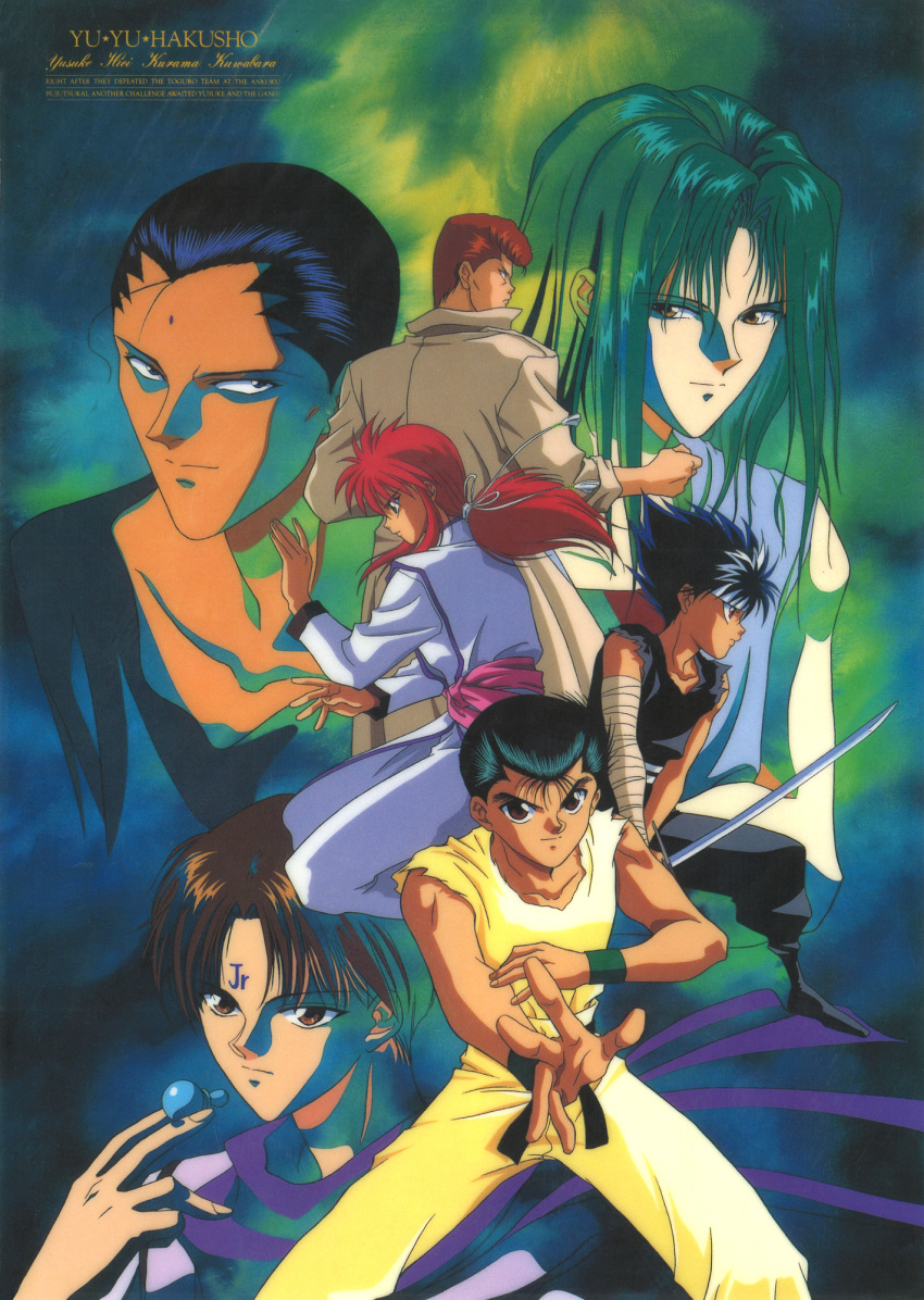 1990s_(style) 6+boys aqua_hair bandaged_arm bandages black_eyes black_hair brown_eyes brown_hair character_name copyright_name dark-skinned_male dark_skin expressionless facial_mark fighting_stance forehead_mark forehead_writing hiei_(yu_yu_hakusho) highres holding holding_sword holding_weapon itsuki_(yu_yu_hakusho) koenma kurama_(yu_yu_hakusho) kuwabara_kazuma long_hair low_ponytail male_focus multiple_boys non-web_source official_art red_hair retro_artstyle scan sensui_shinobu short_hair sleeveless sword two-handed urameshi_yusuke weapon wristband yu_yu_hakusho