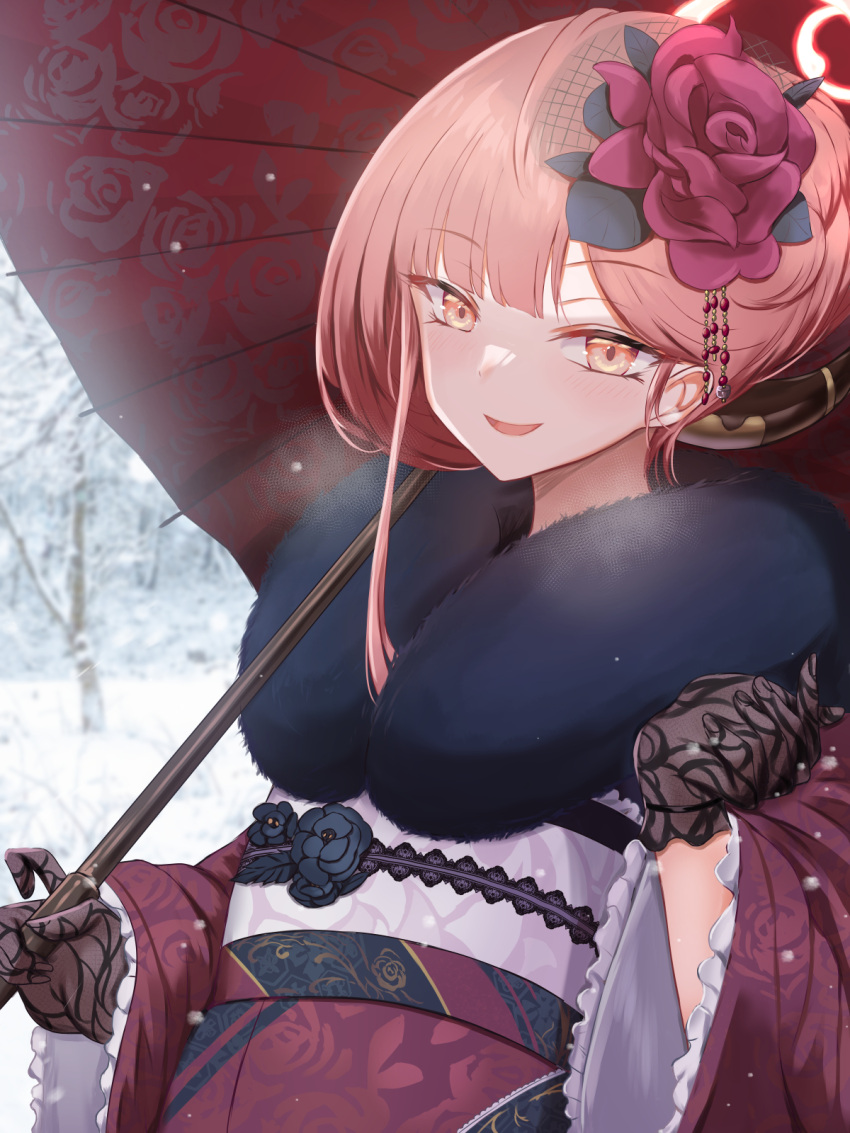 1girl :d aru_(blue_archive) bangs black_flower black_rose blue_archive brown_gloves commentary_request day flower frilled_sleeves frills fur_collar gloves habu_rin hair_flower hair_ornament hand_up highres holding holding_umbrella japanese_clothes kimono long_sleeves looking_at_viewer obi oil-paper_umbrella outdoors pink_hair purple_flower purple_kimono purple_rose red_eyes red_umbrella rose sash smile snow snowing solo umbrella upper_body wide_sleeves