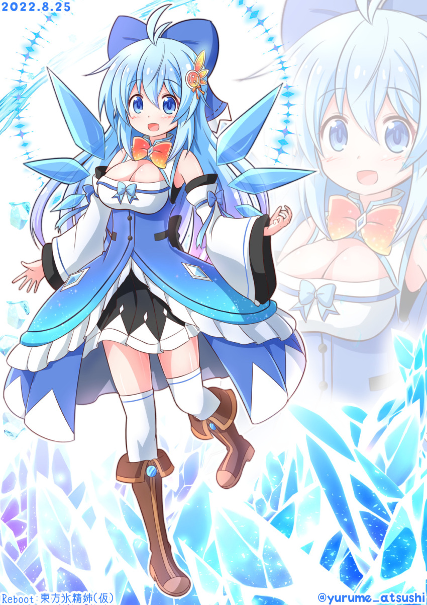 1girl aged_up ahoge alternate_breast_size alternate_costume alternate_hair_length alternate_hairstyle blue_eyes blue_hair blush boots bow bowtie breasts cirno cleavage copyright_name dated detached_sleeves hair_bow hair_ornament happy highres ice ice_wings long_hair open_mouth pigeon-toed pleated_skirt skirt smile standing standing_on_one_leg thighhighs touhou twitter_username white_thighhighs wings yurume_atsushi