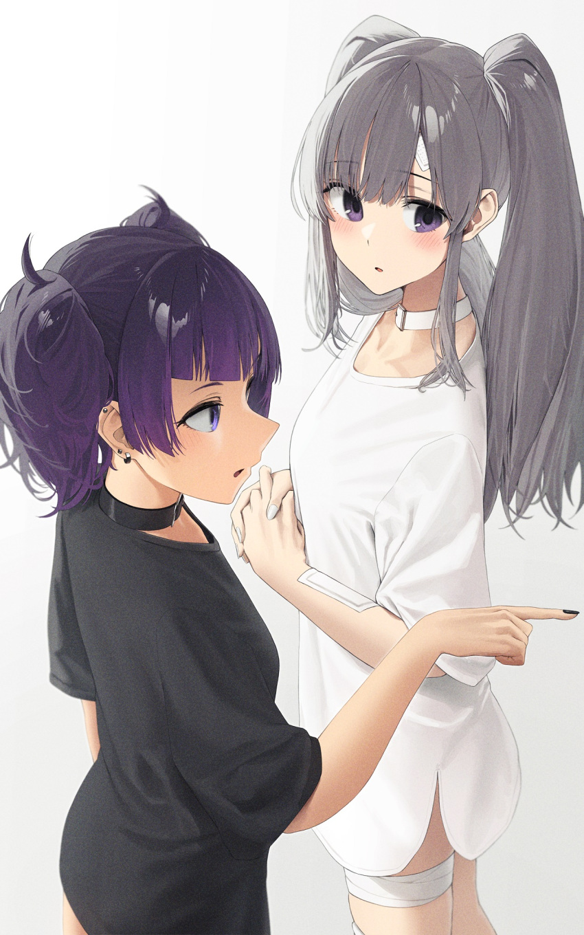 2girls bandaged_leg bandages bangs black_choker black_nails black_shirt blush choker commentary_request diagonal_bangs ear_piercing grey_hair highres idolmaster idolmaster_shiny_colors long_hair multiple_girls noeru own_hands_together parted_lips piercing pointing purple_eyes purple_hair shirt simple_background tanaka_mamimi twintails white_choker white_nails white_shirt yukoku_kiriko