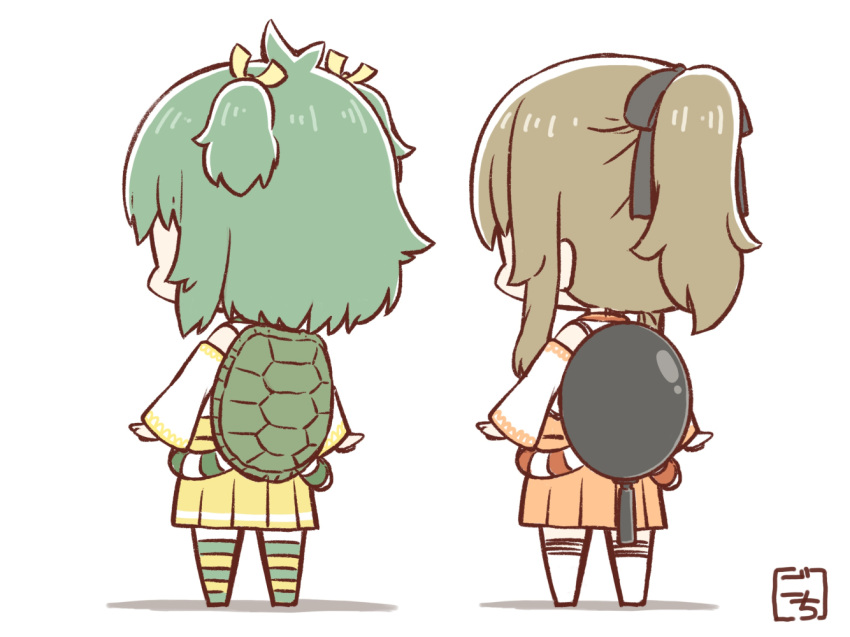 2girls adapted_costume alternate_hairstyle antenna_hair arms_at_sides artist_name assault_lily bare_shoulders black_ribbon brown_hair chibi commentary detached_sleeves facing_away from_behind frying_pan full_body gochisousama_(tanin050) green_hair green_thighhighs hair_ribbon hakama hakama_short_skirt hakama_skirt japanese_clothes kuo_shenlin long_sleeves multicolored_thighhighs multiple_girls no_shoes nontraditional_miko orange_hakama ponytail ribbon rope shimenawa shirt short_hair sidelocks simple_background skirt sleeveless sleeveless_shirt standing striped striped_thighhighs thighhighs turtle_shell two_side_up white_background white_shirt white_thighhighs wide_sleeves yellow_hakama yellow_ribbon yellow_thighhighs yoshimura_thi_mai zettai_ryouiki