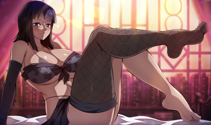 1girl alternate_breast_size aqua_eyes areola_slip arm_support asymmetrical_legwear bangs bare_shoulders barefoot bikini bikini_under_clothes black_hair blue-senpai blush breasts closed_mouth elbow_gloves feet foot_up gloves heart huge_breasts indoors knees_up leaning_back legs looking_at_viewer medium_hair micro_bikini nico_robin one_piece paid_reward_available shiny shiny_skin single_thighhigh sitting smile solo swimsuit tan thigh_strap thighhighs toes underboob