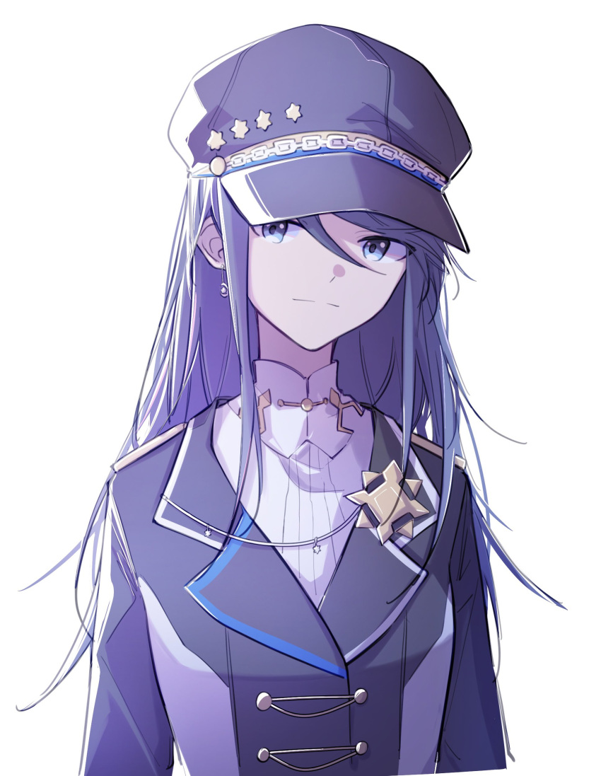 1girl absurdres arms_at_sides backlighting bangs black_hair black_headwear black_jacket blazer blue_eyes buttons chain closed_mouth collared_shirt earrings epaulettes eyes_visible_through_hair facing_viewer flat_chest hair_between_eyes hat hat_chain hibioes high_collar highres hoshino_ichika_(project_sekai) jacket jewelry light_smile long_hair looking_afar peaked_cap project_sekai shade shirt silver_earrings silver_trim simple_background solo straight_hair swept_bangs toggles tsurime upper_body white_background white_shirt wing_collar