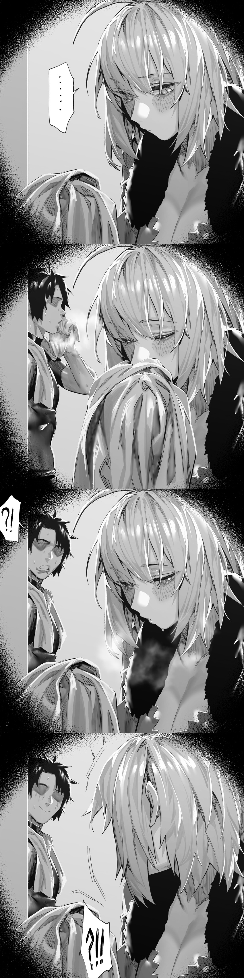 !? ... 1boy 1girl absurdres breasts cleavage commentary_request faceless faceless_male fate/grand_order fate_(series) fujimaru_ritsuka_(male) greyscale highres hxd jeanne_d'arc_alter_(fate) jeanne_d'arc_alter_(ver._shinjuku_1999)_(fate) looking_at_another monochrome short_hair spoken_ellipsis