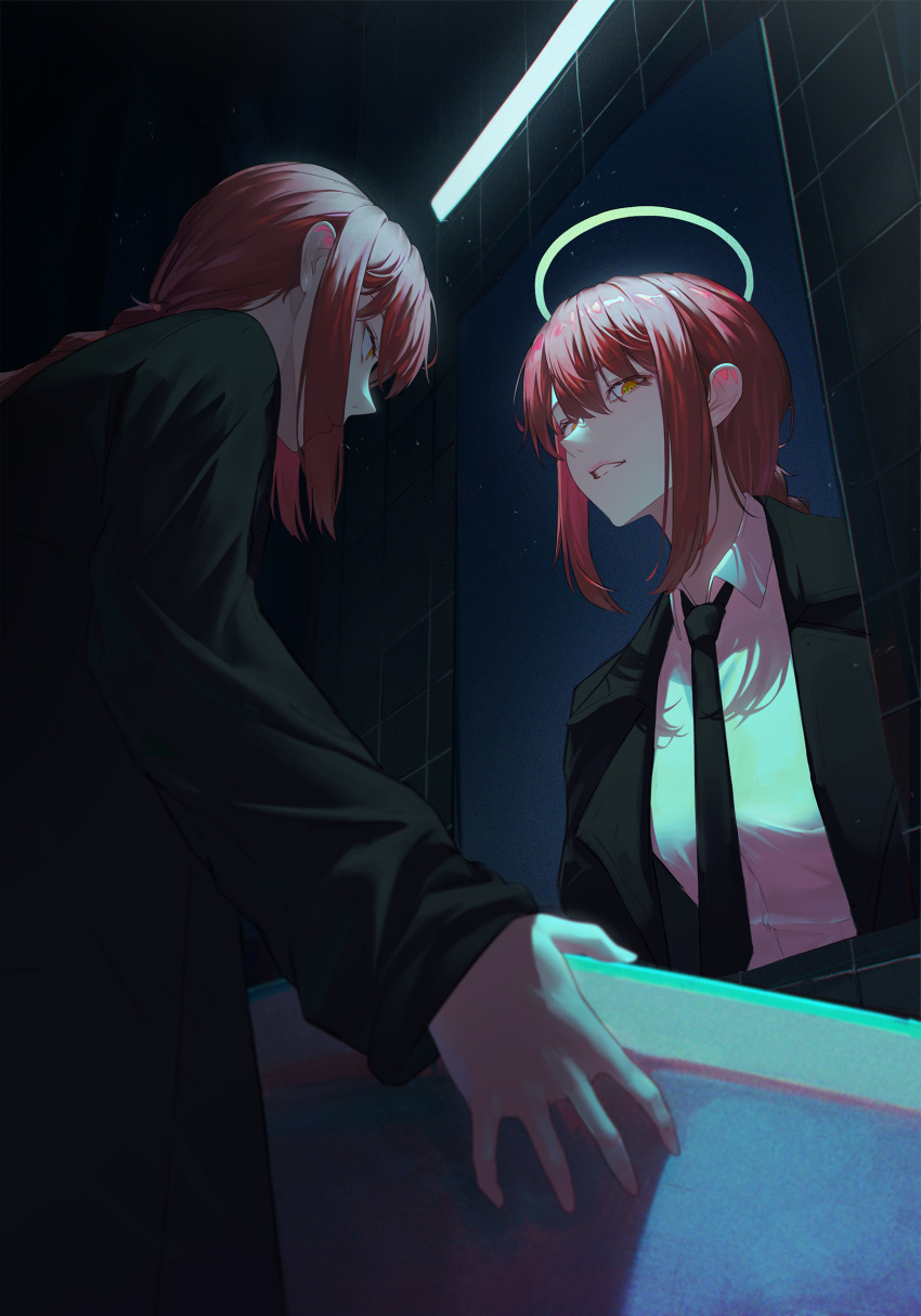 1girl absurdres bangs black_jacket black_necktie black_pants braid braided_ponytail business_suit chainsaw_man collared_shirt commentary dark different_reflection formal halo highres jacket long_sleeves looking_at_another looking_at_mirror looking_at_viewer makima_(chainsaw_man) medium_hair mirror necktie nunsori pants red_hair reflection shirt shirt_tucked_in sidelocks sink suit suit_jacket tile_wall tiles white_shirt yellow_eyes