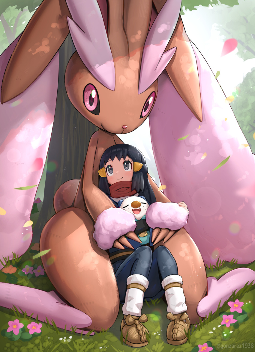 1girl akari_(pokemon) alternate_color alternate_size animal animal_ears bangs black_hair blue_hair brown_footwear closed_mouth commentary_request day falling_petals flower galaxy_expedition_team_survey_corps_uniform gonzarez grass hair_ornament hairclip highres long_hair lopunny oshawott outdoors oversized_animal petals pink_eyes pink_flower pokemon pokemon_(creature) pokemon_(game) pokemon_legends:_arceus rabbit red_scarf revision scarf shiny_pokemon shoes sitting smile wide_hips