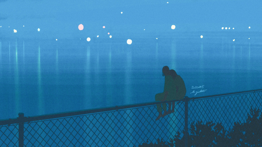 2girls blue_theme grid head_on_another's_shoulder highres looking_away multiple_girls night night_sky nothingblues_yuki ocean original outdoors scenery sitting_on_fence sky tree