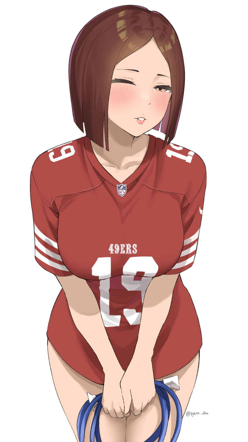 1girl absurdres american_football american_football_uniform breasts brown_eyes brown_hair byeon_dha deebo_samuel highres holding jersey leaning_forward medium_breasts national_football_league one_eye_closed san_francisco_49ers short_hair simple_background solo sportswear standing the_king_of_fighters twitter_username v_arms whip_(kof) white_background