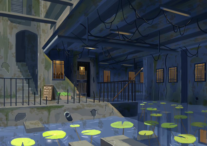 ame246 building ceiling_light day door highres light lily_pad menu_board moss no_humans original outdoors railing scenery stairs water window
