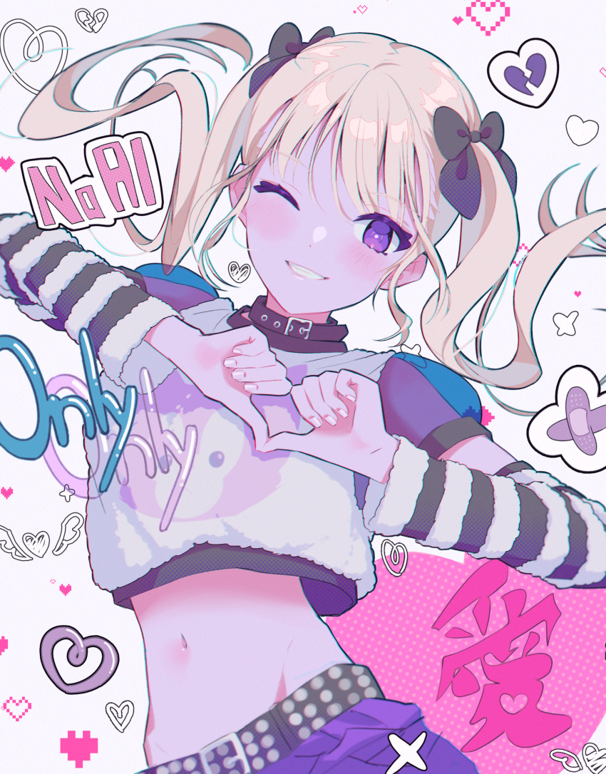 1girl a01macaron absurdres ai-generated_art_(topic) bangs belt black_bow blonde_hair bow collar crop_top detached_sleeves hair_bow hair_ribbon heart highres looking_at_viewer medium_hair midriff navel one_eye_closed original pants parted_lips purple_eyes purple_pants ribbon smile solo teeth twintails upper_body white_background