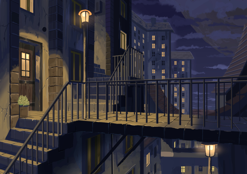 ame246 building cloud door highres lamppost light night night_sky no_humans original outdoors railing scenery sky stairs stone_stairs