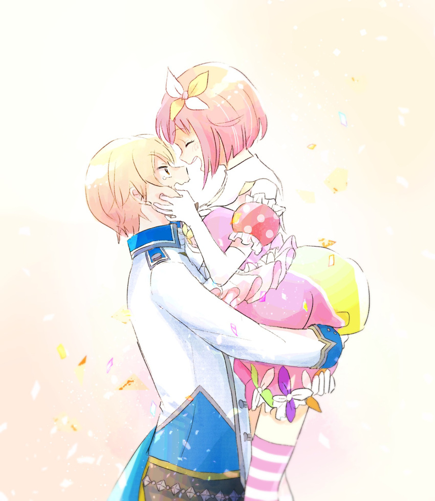 1boy 1girl bangs blonde_hair carrying closed_eyes closed_mouth collared_shirt confetti elbow_gloves gloves gradient_hair hair_ornament hand_on_another's_cheek hand_on_another's_face hetero highres long_sleeves momomo_(m0_3) multicolored_hair ootori_emu open_mouth orange_hair pink_hair project_sekai shirt short_hair simple_background teeth tenma_tsukasa upper_teeth_only