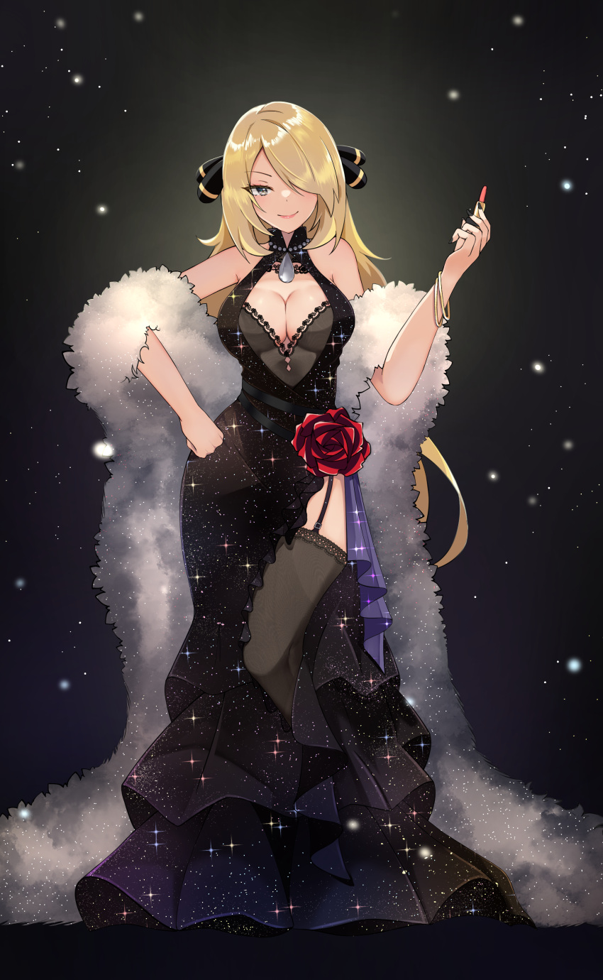 1girl absurdres alternate_costume black_dress black_thighhighs blonde_hair bracelet breasts clenched_hand closed_mouth cosmetics cynthia_(pokemon) dress evening_gown feather_boa flower full_body garter_straps glitter_dress hair_ornament hair_over_one_eye hand_on_hip hand_up highres holding holding_lipstick_tube jewelry large_breasts lipstick_tube long_hair looking_at_viewer pokemon pokemon_(game) pokemon_dppt red_flower red_rose rose side_slit smile sparkle sylux thighhighs very_long_hair