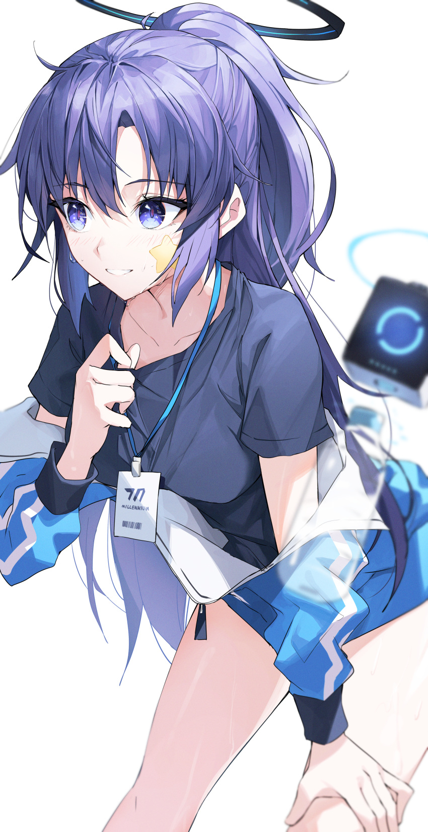 1girl absurdres black_shirt blue_archive blue_eyes blue_jacket blush bottle commentary_request gym_uniform halo hand_on_own_thigh herigaru_(fvgyvr000) highres jacket long_hair official_alternate_costume parted_lips plastic_bottle purple_hair shirt short_sleeves simple_background smile solo standing star_sticker sticker_on_face sweat track_jacket water_bottle white_background yuuka_(blue_archive) yuuka_(gym_uniform)_(blue_archive)