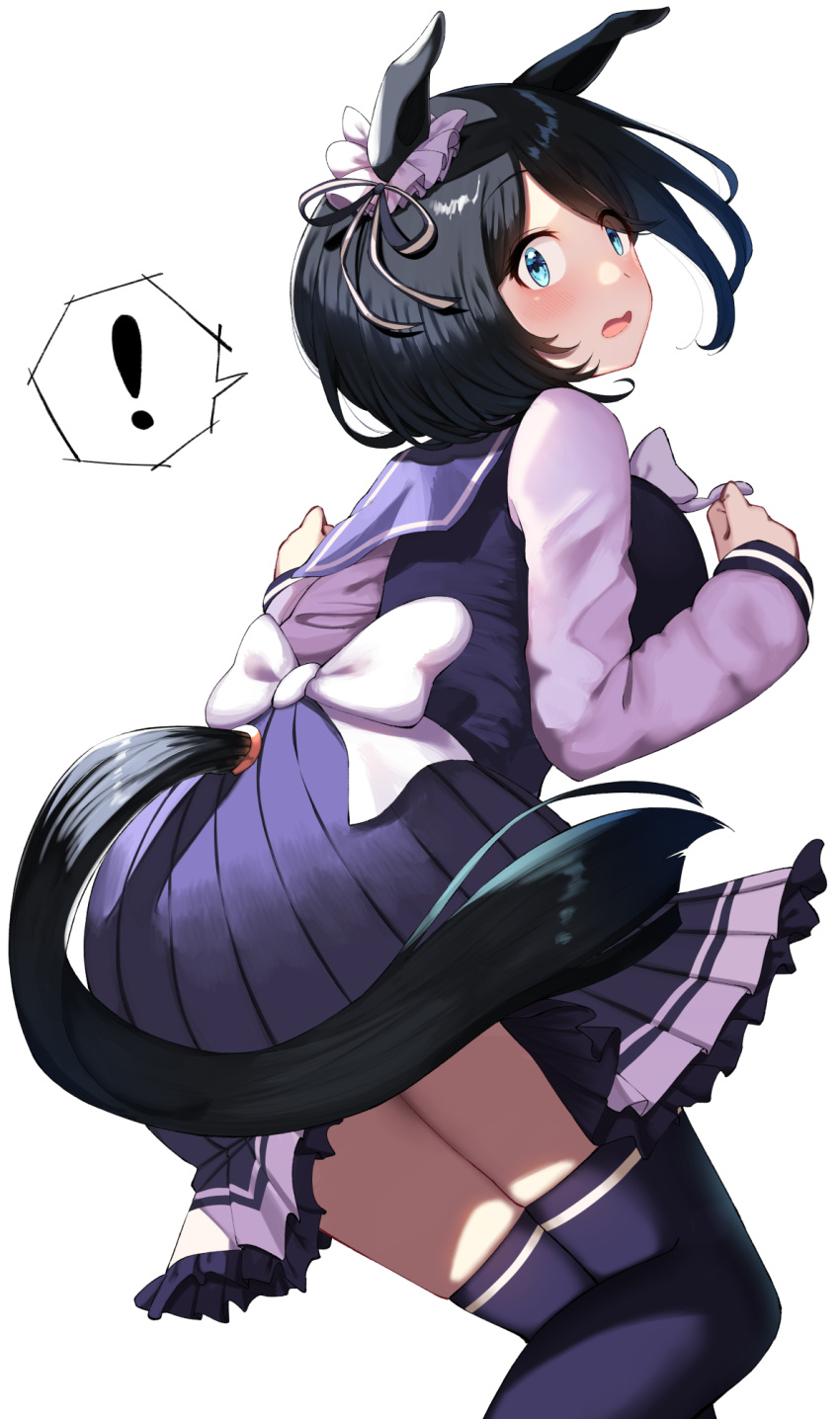 ! 1girl animal_ears back_bow black_hair blue_eyes blue_sailor_collar blue_shirt blue_skirt blue_thighhighs blush bow bowtie commentary ear_ribbon ear_scrunchie eishin_flash_(umamusume) feet_out_of_frame hair_over_one_eye hands_up highres horse_ears horse_girl horse_tail long_sleeves looking_at_viewer looking_back open_mouth pleated_skirt sailor_collar school_uniform shirt short_hair simple_background skirt solo spoken_exclamation_mark standing tail thighhighs thought_bubble tracen_school_uniform umamusume white_background white_bow white_bowtie yamato_(muchuu_paradigm)