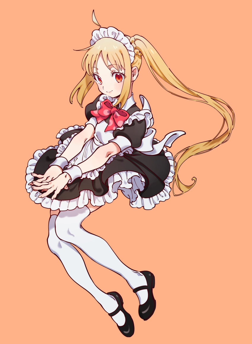 1girl ahoge alternate_costume apron bangs black_dress black_footwear blonde_hair bocchi_the_rock! bomhat bow bowtie braid closed_mouth commentary dress enmaided eyelashes frills full_body highres ijichi_nijika long_hair maid maid_headdress orange_background polka_dot_bowtie red_bow red_bowtie red_eyes shoes side_ponytail simple_background smile solo symbol-only_commentary thighhighs white_apron white_thighhighs wrist_cuffs