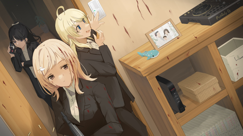 3girls ahoge assault_rifle bird_hair_ornament black_hair black_jacket blonde_hair blood blood_on_clothes blue_eyes bow breasts brown_eyes brown_hair cellphone collared_shirt commentary_request doran_(dorannomai) dress_shirt dutch_angle gun hachimiya_meguru hair_bow hair_ornament hairclip highres holding holding_gun holding_phone holding_weapon idolmaster idolmaster_shiny_colors illumination_stars_(idolmaster) indoors jacket kazano_hiori long_hair m4_carbine multiple_girls phone ponytail rifle sakuragi_mano shirt small_breasts turntable weapon weapon_request white_bow white_shirt