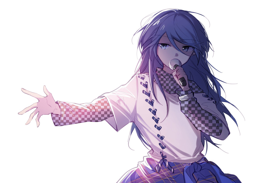 1girl backlighting bangs black_hair blue_eyes blue_sweater checkered_clothes checkered_shirt clothes_around_waist cross-laced_clothes cross-laced_shirt dot_nose flat_chest floating_hair hair_between_eyes hand_up hibioes highres holding holding_microphone hoshino_ichika_(project_sekai) long_hair long_sleeves looking_to_the_side messy_hair microphone off-shoulder_shirt off_shoulder outstretched_arm plaid plaid_sweater project_sekai serious shade shirt short_sleeves sidelighting simple_background solo sweater sweater_around_waist swept_bangs tsurime turtleneck unmoving_pattern upper_body white_background white_shirt
