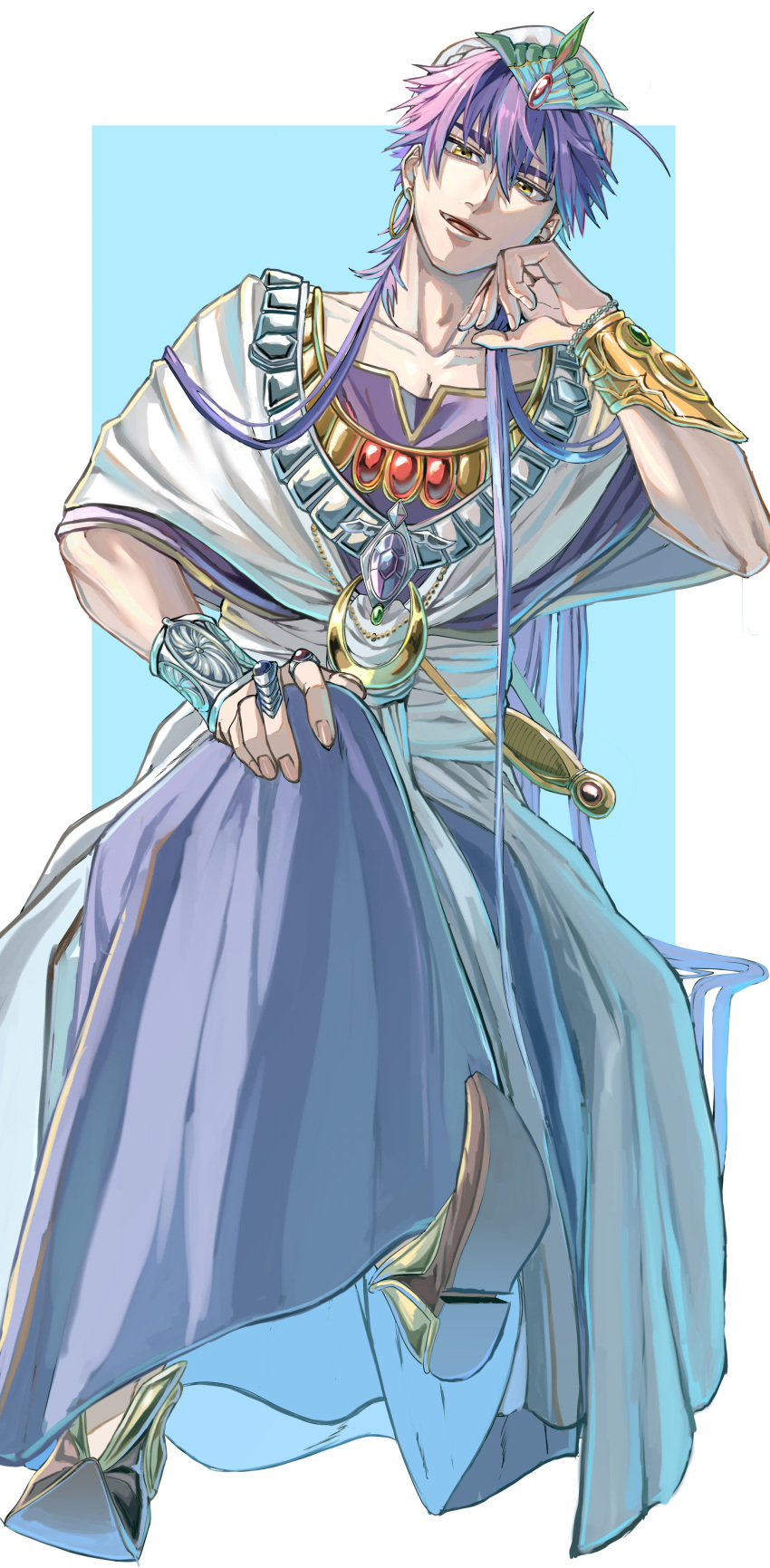 1boy absurdres bangs bracelet bracer collarbone crossed_legs earrings full_body hair_between_eyes head_rest highres jewelry long_hair looking_at_viewer magi_the_labyrinth_of_magic male_focus necklace open_mouth purple_hair purple_robe robe shoes sinbad_(magi) sitting smile solo turban white_robe yellow_eyes yofu_(0042_2400)