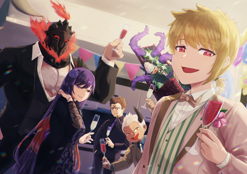 1girl 1other 4boys anniversary arc_(housamo) azathoth_(housamo) babalon_(housamo) black_hair black_sclera black_suit blonde_hair blue_shirt bow bowtie bracelet brown_hair brown_suit champagne_flute chest_hair collared_shirt colored_sclera commentary_request cross_scar cup dark-skinned_male dark_skin demon_horns dress_shirt drinking_glass fire formal glowing glowing_eyes happy helmet heterochromia highres holding holding_cup horns indoors jewelry kirito_(housamo) large_pectorals long_hair looking_at_viewer low_ponytail male_child multiple_boys muscular muscular_male necktie onigirioni open_mouth partially_unbuttoned pectoral_cleavage pectorals pennant plaid purple_eyes purple_hair purple_necktie red_eyes refraction scar scar_on_face scar_on_forehead shirt short_hair sidelocks signature sitting smile string_of_flags striped striped_vest suit surtr_(housamo) teeth tentacles tokyo_afterschool_summoners traditional_bowtie upper_teeth_only v-shaped_eyebrows vertical-striped_vest vertical_stripes vest white_hair white_necktie yellow_eyes