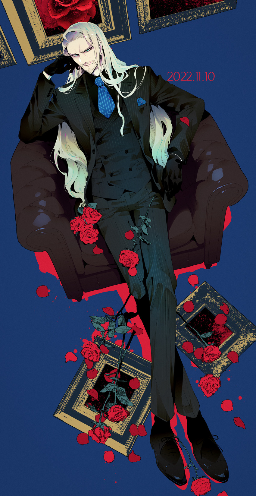 1boy absurdres aqua_eyes armchair beard black_footwear black_gloves black_jacket black_pants black_shirt black_suit black_vest blonde_hair blue_background blue_necktie chair collared_shirt comb_over crossed_legs dated dress_shoes earrings facial_hair fate/apocrypha fate/grand_order fate_(series) flower formal full_body gloves gradient_hair head_rest highres jacket jewelry koshiro_itsuki long_hair looking_at_viewer male_focus mature_male multicolored_hair necktie open_clothes open_jacket pants petals picture_(object) picture_frame pinstripe_jacket pinstripe_pants pinstripe_pattern pinstripe_suit pinstripe_vest pocket_square red_flower red_rose rose shirt sitting smile solo striped striped_necktie suit vest vlad_iii_(fate/apocrypha)