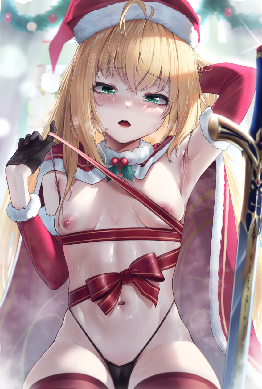 1girl ahoge armpits artoria_pendragon_(fate) bangs black_gloves black_panties blonde_hair breasts cape detached_sleeves fate/grand_order fate_(series) fur-trimmed_cape fur-trimmed_headwear fur_trim gloves green_eyes hat highleg highleg_panties highres long_hair looking_at_viewer navel nipples open_mouth padoruu panties red_cape red_headwear red_ribbon red_thighhighs ribbon saber santa_hat sidelocks small_breasts solo thighhighs thighs underwear
