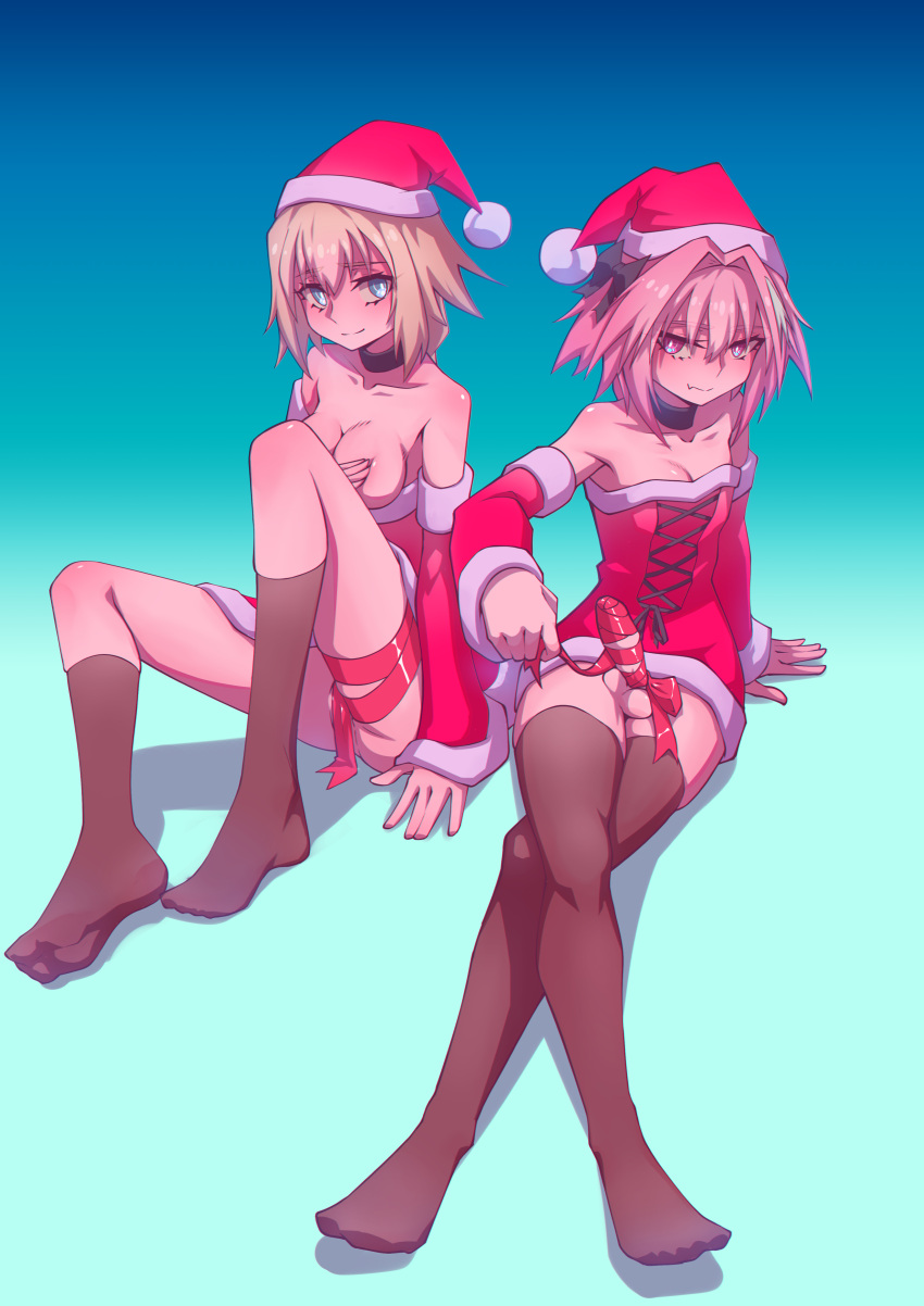 1boy 1girl absurdres astolfo_(fate) bare_shoulders blonde_hair blue_background blue_eyes bobblehat breasts breasts_out brown_thighhighs cleavage closed_mouth clothes_pull collar collarbone covering covering_breasts crossed_legs detached_sleeves dress dress_pull erection fate/grand_order fate_(series) full_body gradient gradient_background hat hej_(mugmnm51) highres jeanne_d'arc_(fate) knees_up large_breasts long_hair long_sleeves looking_at_viewer no_panties otoko_no_ko penis pink_hair purple_eyes red_headwear red_ribbon ribbon santa_dress santa_hat sitting smile testicles thighhighs uncensored upskirt