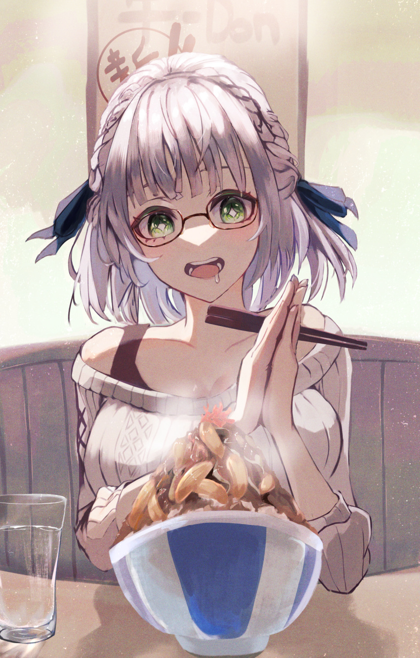 +_+ 1girl bangs bare_shoulders black_tank_top blunt_bangs braid breasts chopsticks drooling food french_braid glasses green_eyes grey_hair gyuudon hair_ribbon half_updo highres holding holding_chopsticks hololive hungry indoors large_breasts looking_at_food medium_hair off-shoulder_sweater off_shoulder official_alternate_costume official_alternate_hair_length official_alternate_hairstyle own_hands_clasped own_hands_together parted_hair pov_across_table re_lura ribbed_sweater ribbon shirogane_noel solo sweater tank_top virtual_youtuber white_sweater