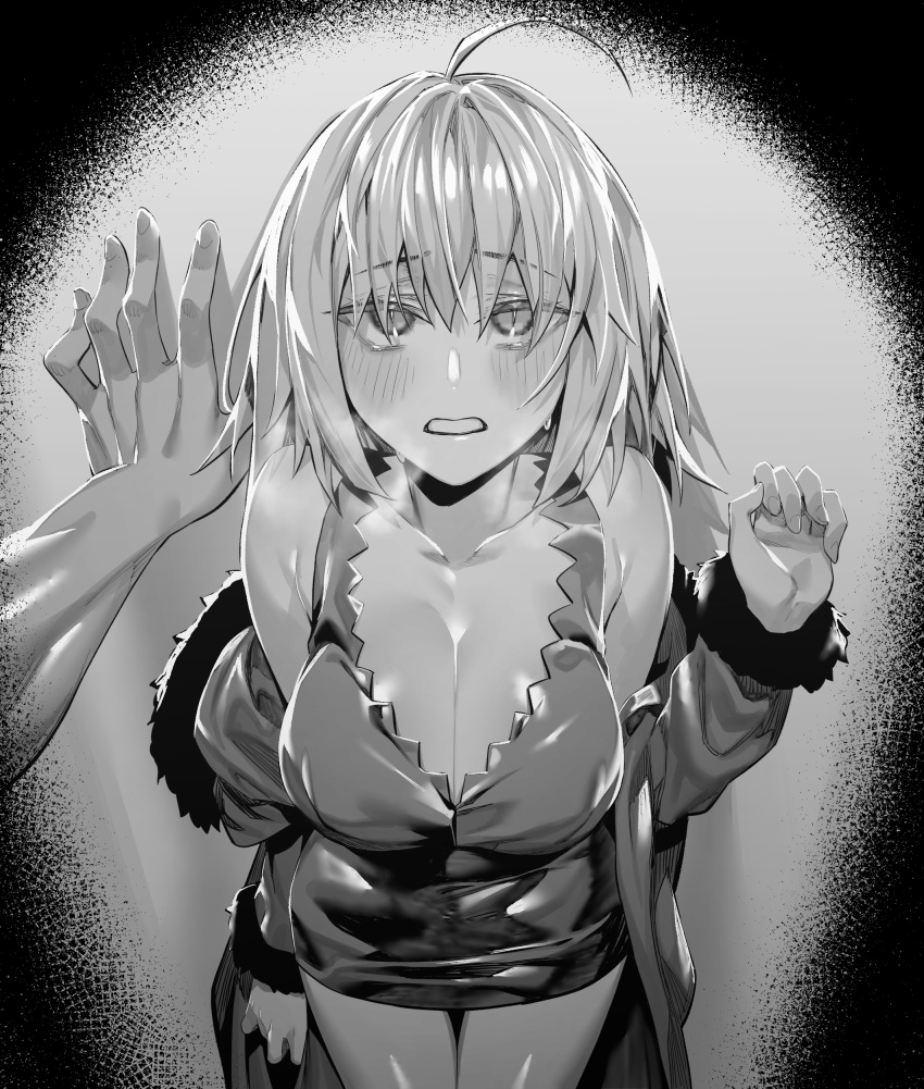 1boy 1girl absurdres breasts cleavage collarbone fate/grand_order fate_(series) fujimaru_ritsuka_(male) greyscale highres hxd jeanne_d'arc_alter_(fate) jeanne_d'arc_alter_(ver._shinjuku_1999)_(fate) large_breasts looking_at_viewer monochrome pov short_hair standing thighs