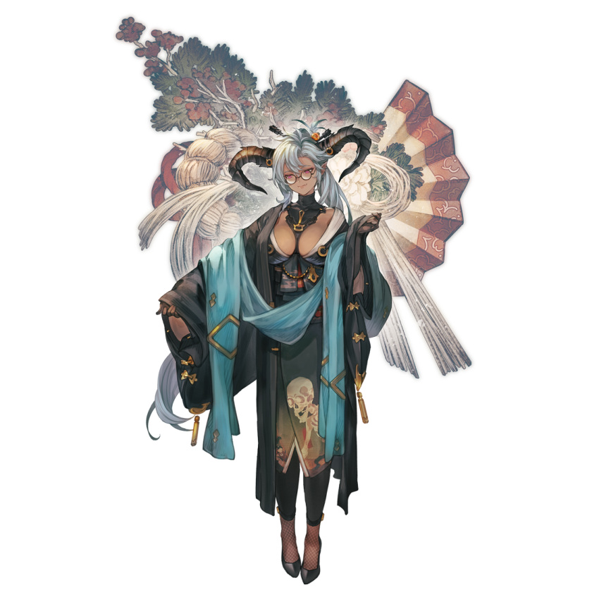 1girl alpha_transparency bangs black_footwear black_gloves black_horns black_kimono breasts cleavage closed_mouth dark-skinned_female dark_skin dragon_horns draph fang fang_out fediel_(granblue_fantasy) fishnets full_body glasses gloves granblue_fantasy grey_hair hand_fan horns japanese_clothes kimono large_breasts lips long_hair minaba_hideo official_art pointy_ears ponytail purple_eyes skeleton_print smile solo transparent_background wide_sleeves