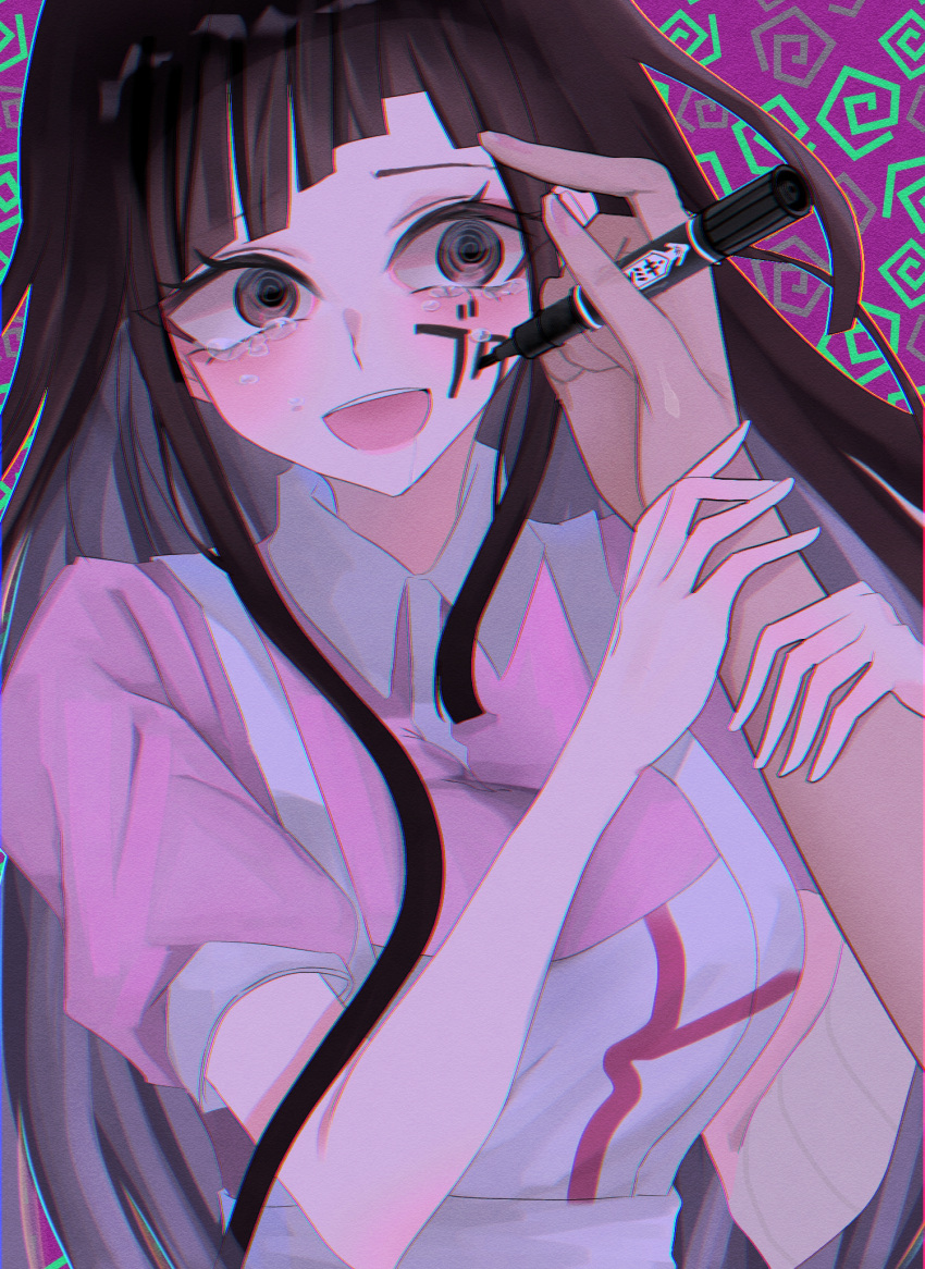 1girl 1other :d @_@ apron bandaged_arm bandages bangs black_hair blunt_bangs blunt_ends breasts brown_eyes collared_shirt cotton_(demone115) crying crying_with_eyes_open danganronpa_(series) danganronpa_2:_goodbye_despair drawing drawing_on_another's_face highres holding holding_marker large_breasts long_hair looking_at_another marker multicolored_background open_mouth partially_translated pen pink_shirt pov pov_hands purple_background shiny shiny_hair shirt short_sleeves smile solo_focus tears translation_request tsumiki_mikan upper_body white_apron