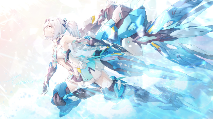absurdres armor armored_dress bangs blue_armor bow breasts bright_pupils bronya_zaychik bronya_zaychik_(herrscher_of_truth) caisena clothing_cutout crossed_bangs drill_hair flying grey_eyes grey_hair hair_bow halo high_ponytail highres holding holding_polearm holding_weapon honkai_(series) honkai_impact_3rd long_hair pink_pupils polearm project_bunny prosthesis prosthetic_leg science_fiction sidelocks small_breasts stomach_cutout sunlight weapon