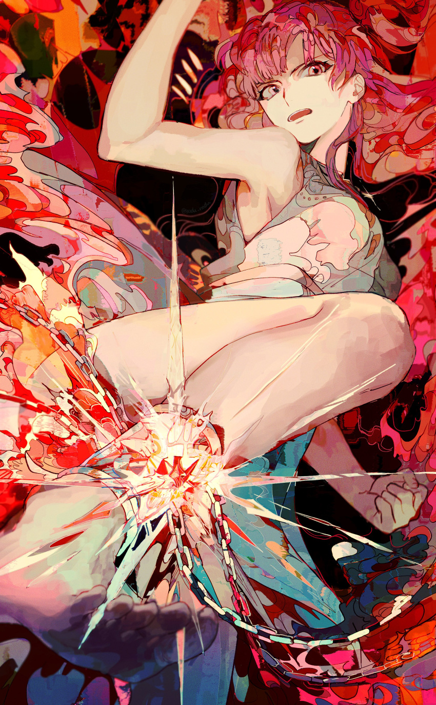 1girl absurdres ankle_cuffs barefoot cuffs dress feet fire glowing highres kicking looking_at_viewer magi_the_labyrinth_of_magic morgiana open_mouth red_eyes red_hair shackles sidelocks sleeveless sleeveless_dress solo standing standing_on_one_leg white_dress yadu_nadu