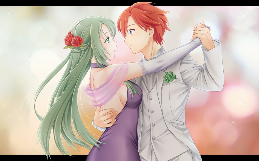 1boy 1girl alternate_costume backless_dress backless_outfit bare_shoulders blue_eyes breasts cecilia_(fire_emblem) dress dress_shirt eye_contact face-to-face fire_emblem fire_emblem:_the_binding_blade formal green_eyes green_hair ham_pon hand_on_another's_back hetero highres holding_hands hug long_hair looking_at_another medium_breasts purple_dress red_hair roy_(fire_emblem) shirt sideboob simple_background sleeveless sleeveless_shirt suit suit_jacket tuxedo white_shirt