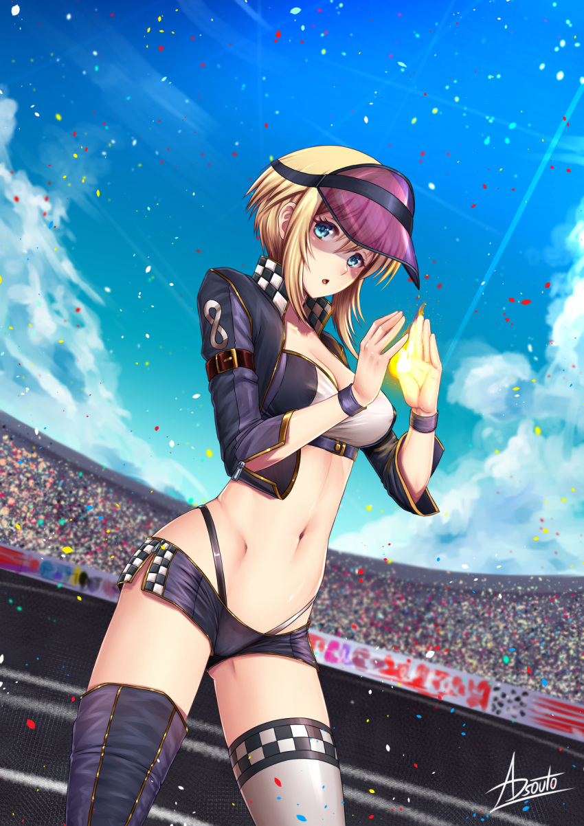 1girl adsouto alternate_costume asymmetrical_legwear blonde_hair blue_eyes breasts commentary_request confetti covered_nipples cropped_jacket crowd dutch_angle en'en_no_shouboutai fire highres iris_(en'en_no_shouboutai) large_breasts looking_at_viewer mixed-language_commentary navel outdoors race_queen racetrack short_shorts shorts solo thighhighs