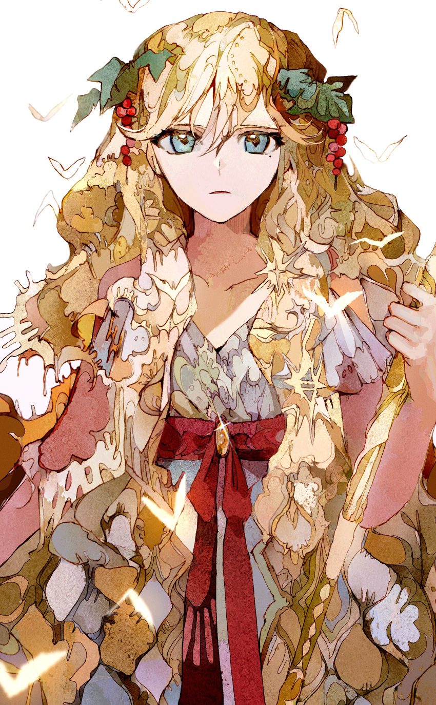 1girl absurdres bangs blonde_hair dress food fruit grapes green_eyes hair_ornament highres holding holding_wand long_hair looking_at_viewer magi_the_labyrinth_of_magic mole mole_under_eye patterned_clothing patterned_hair red_ribbon ribbon scheherazade_(magi) solo very_long_hair wand white_background white_dress yadu_nadu