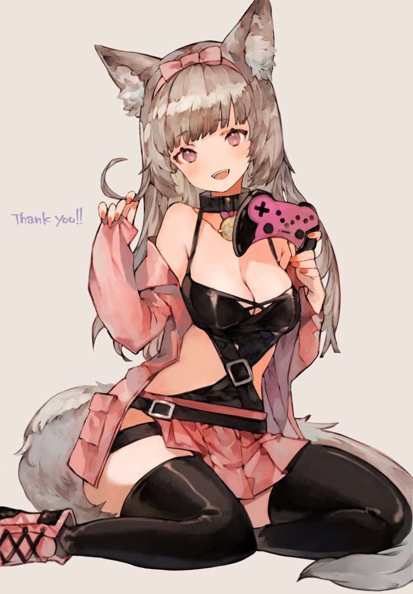 1girl :d absurdres animal_ear_fluff animal_ears bangs belt black_belt black_thighhighs breasts cat_ears cat_girl cat_tail cleavage collar commission controller game_controller gamepad hair_twirling hairband highres holding holding_controller holding_game_controller indie_virtual_youtuber jacket kemomin_nosuke long_hair long_sleeves looking_at_viewer medium_breasts open_clothes open_jacket open_mouth pink_eyes pink_jacket pink_skirt pleated_skirt rumihime second-party_source side_slit simple_background sitting skeb_commission skirt smile solo tail thighhighs virtual_youtuber white_background yokozuwari